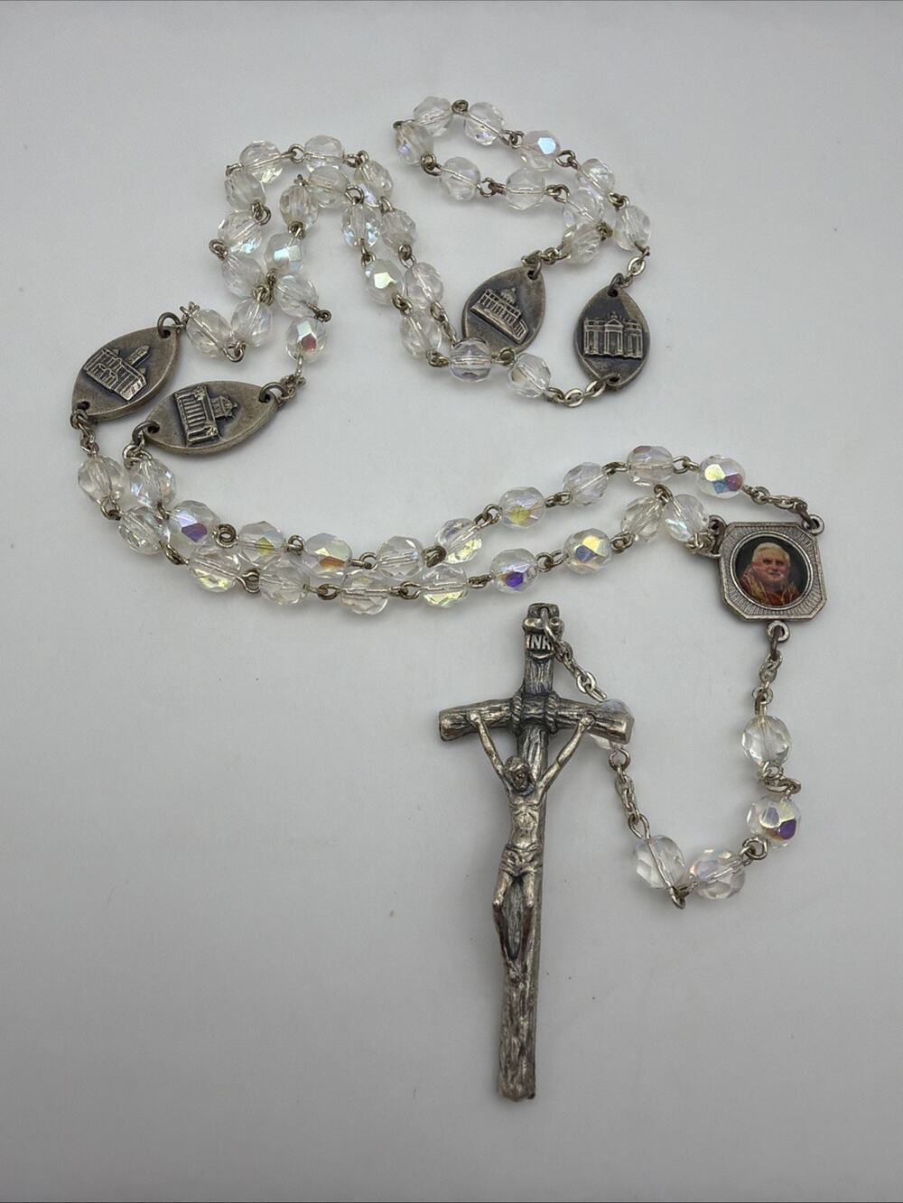 Vintage Italy Catholic Rosary Rome Basilica Souvenir AB Glass Beads Crucifix